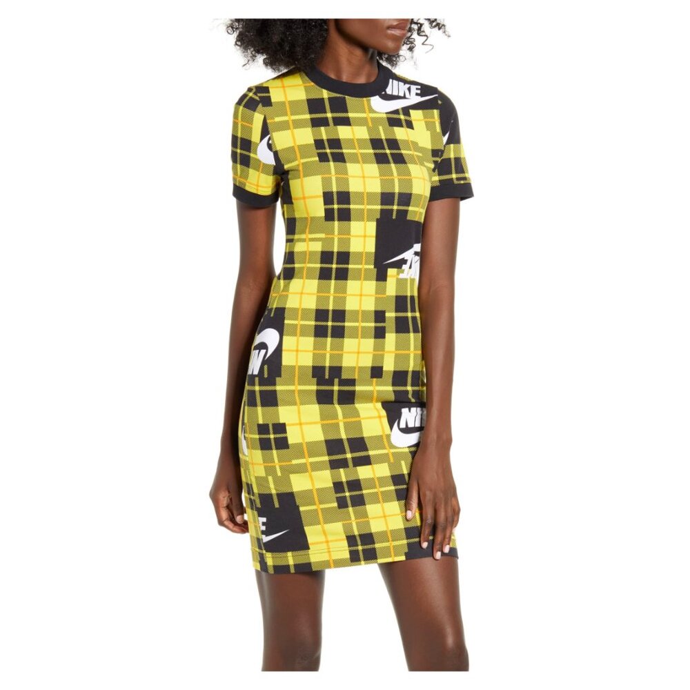 Nike Women's Logo Sportswear Plaid Dress In Yellow
